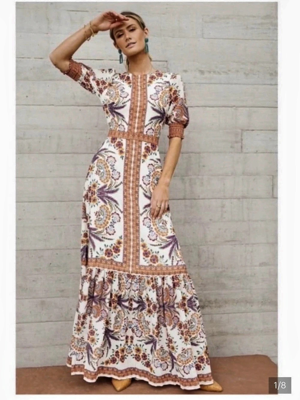 Bohme Folk Party Maxi Dress Floral White & Brown